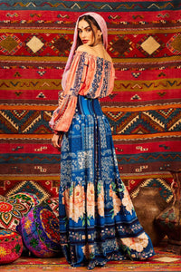 Yacamim G2 Blue Printed High-Waisted Long Skirt