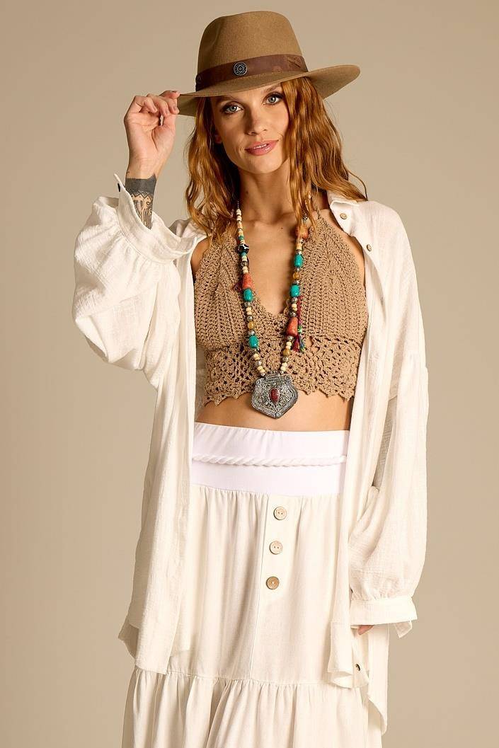 Yacamim P4 White Loose Short Chemise with Puffy Long Sleeves