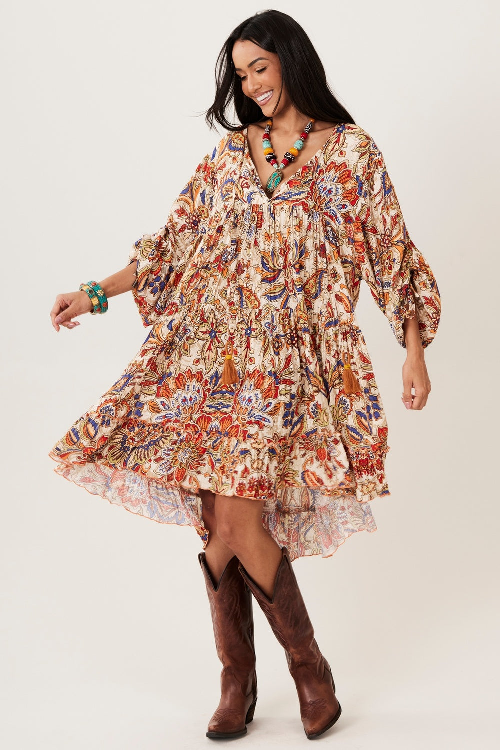 Yacamim D1 Loose Flowy Short Beige Printed Dress