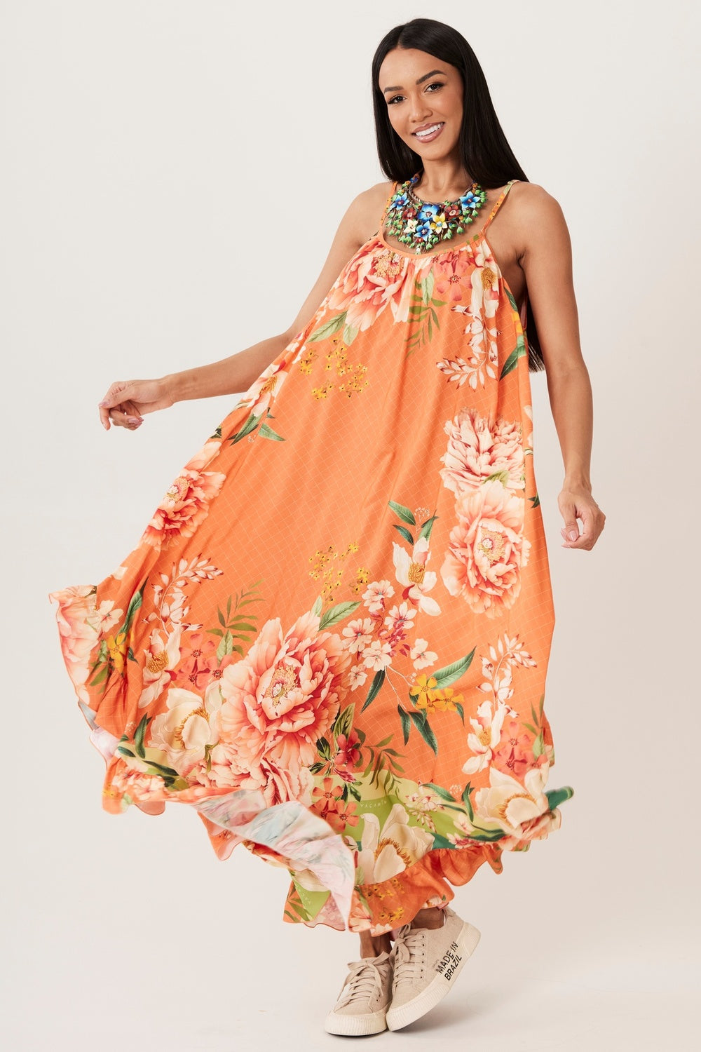 Yacamim Orange Printed Adjustable Straps Midi Dress E14