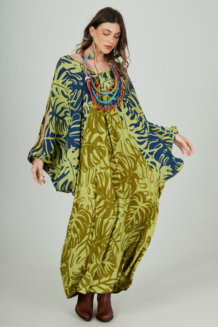 Long Green Printed Yacamim Dress with Long Sleeves E7
