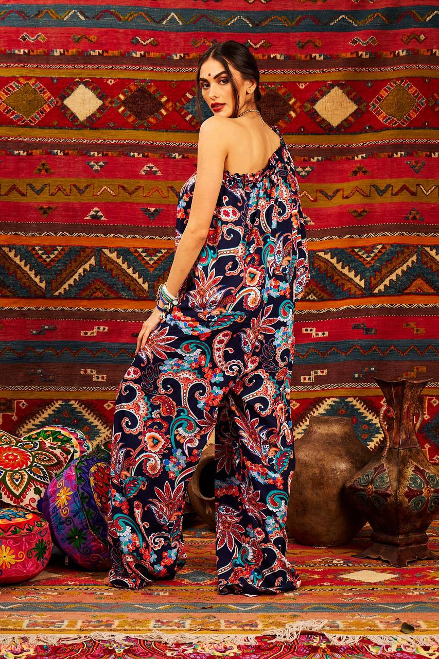 Blue One-Shoulder Cashmere Print Wide-Leg Jumpsuit Yacamim