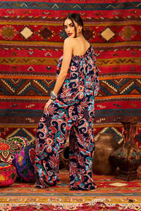 Blue One-Shoulder Cashmere Print Wide-Leg Jumpsuit Yacamim