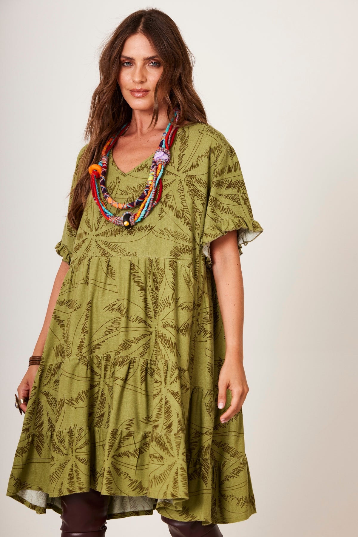 Yacamim Green V-Neck Short Dress C23