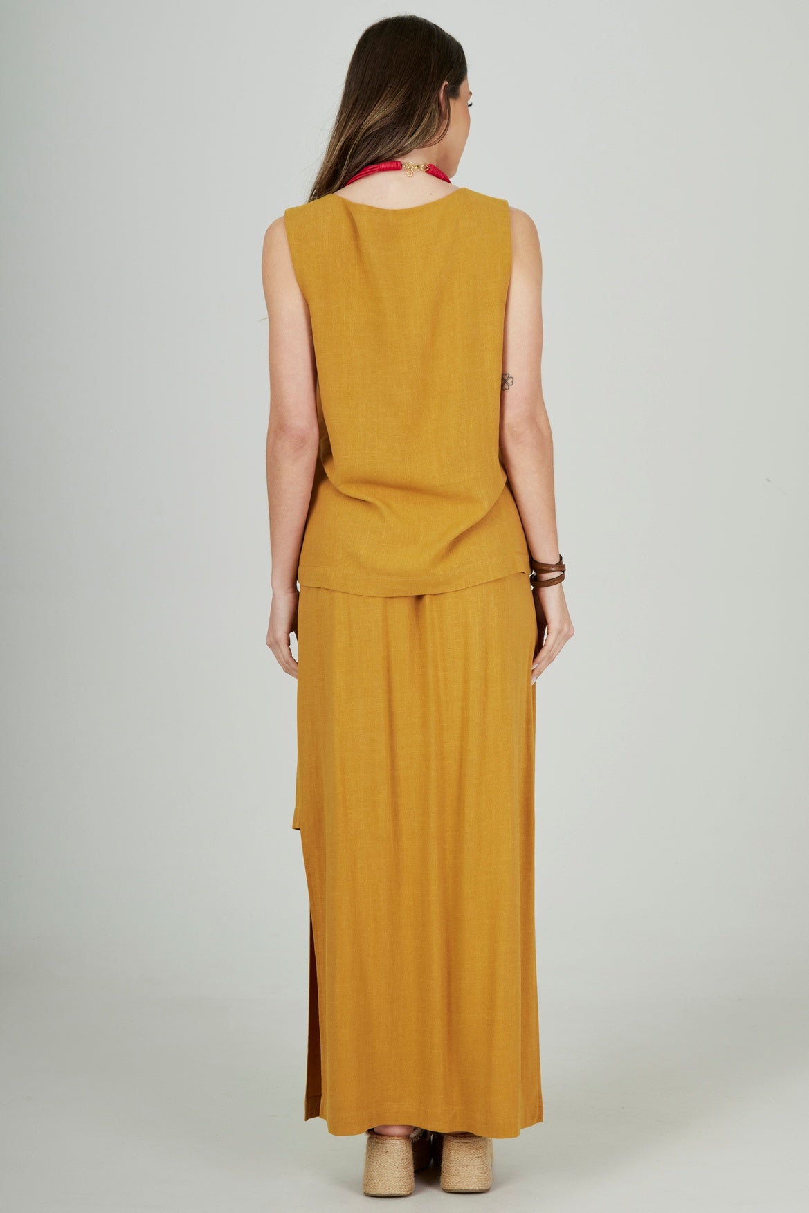 Yacamim Mustard Viscose Linen Straight Skirt A11