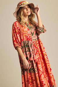 Midi Dress with 3/4 Sleeves Pink Patchwork Yacamim