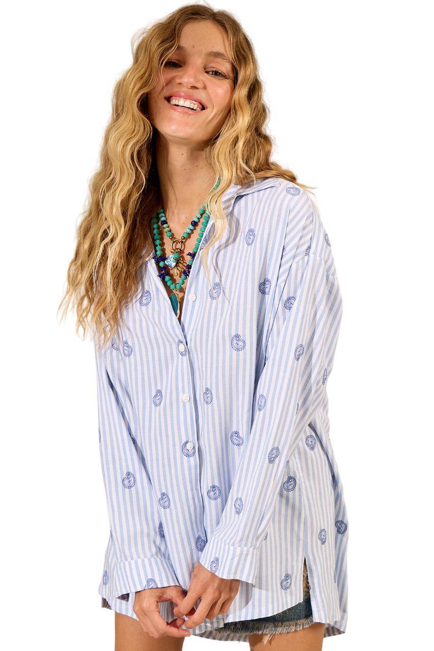 Yacamim A12 Wide Long Striped Blue Long-Sleeve Shirt