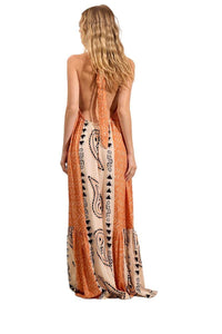 Yacamim Orange Paisley Print Halterneck Maxi Dress