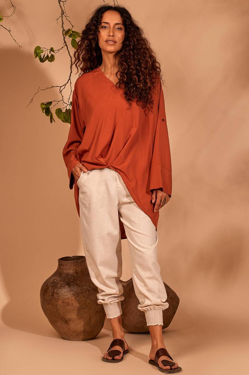 Yacamim Beige Pants with Pockets and Shirred Cuffs
