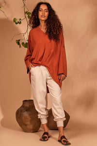 Yacamim Beige Pants with Pockets and Shirred Cuffs