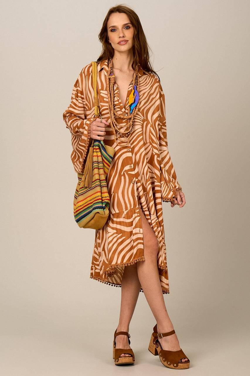 Yacamim N10 Light Brown Printed Loose Short Shirt