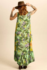 Yacamim Green Patchwork Sleeveless Midi Dress