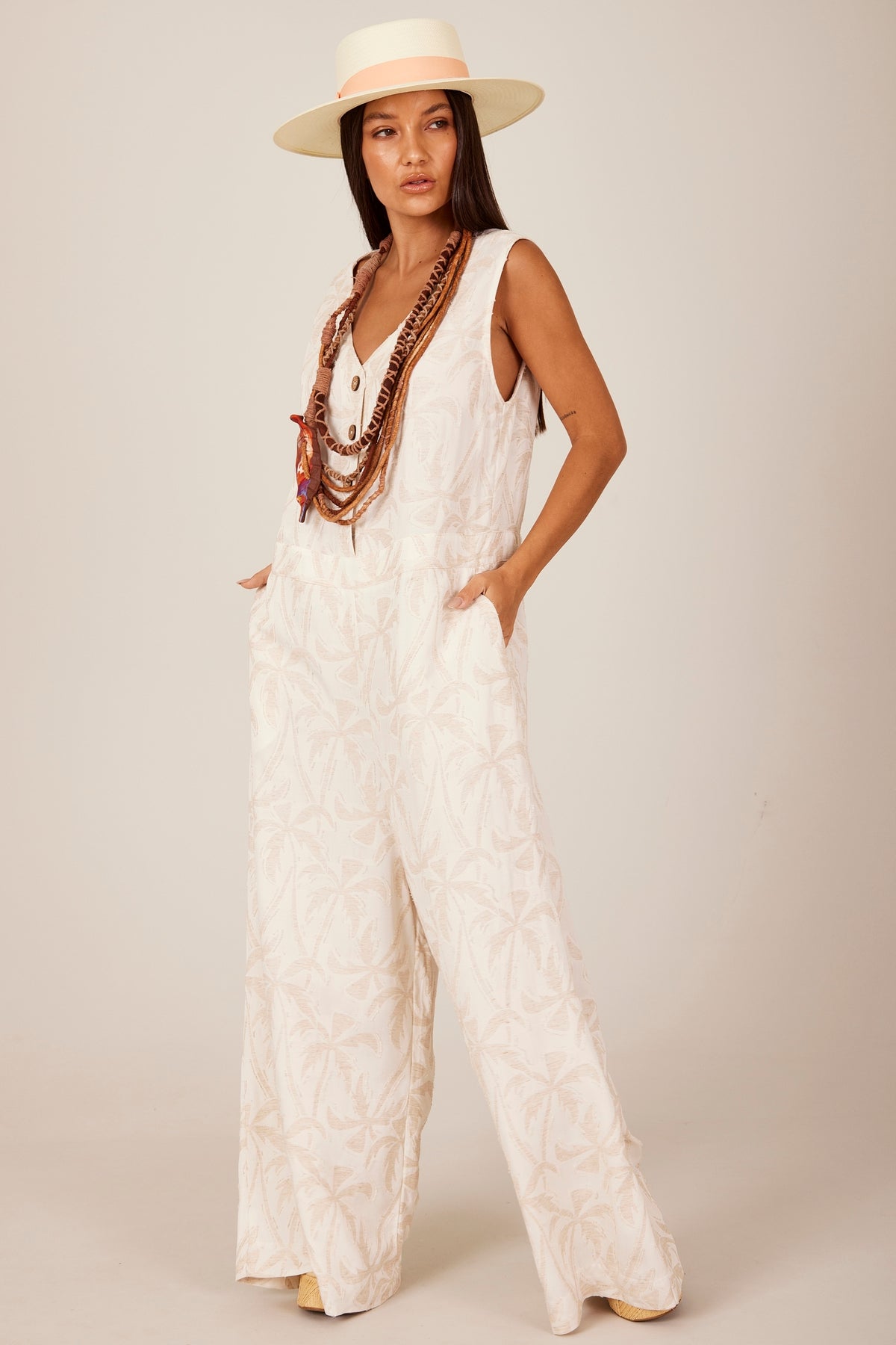Yacamim O10 Printed Beige Linen Sleeveless Jumpsuit with Wide Leg