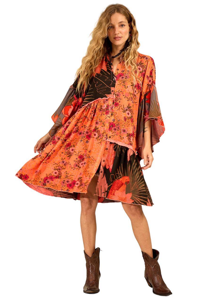 Yacamim Orange Patchwork Asymmetrical Ruffled Short Shirtdress