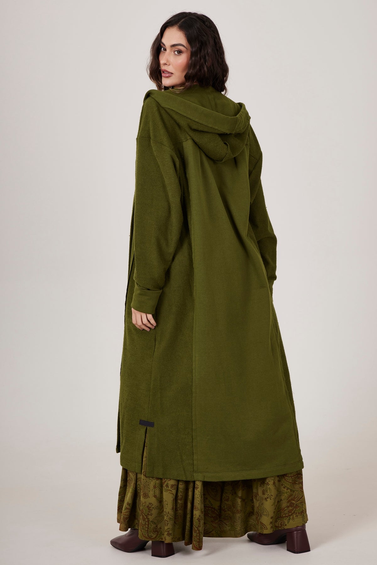Yacamim L1/2 Plain Dark Green Hooded Midi Coat