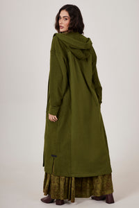 Yacamim L1/2 Plain Dark Green Hooded Midi Coat