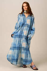 Yacamim M10 Blue Plaid Cotton Long Shirt
