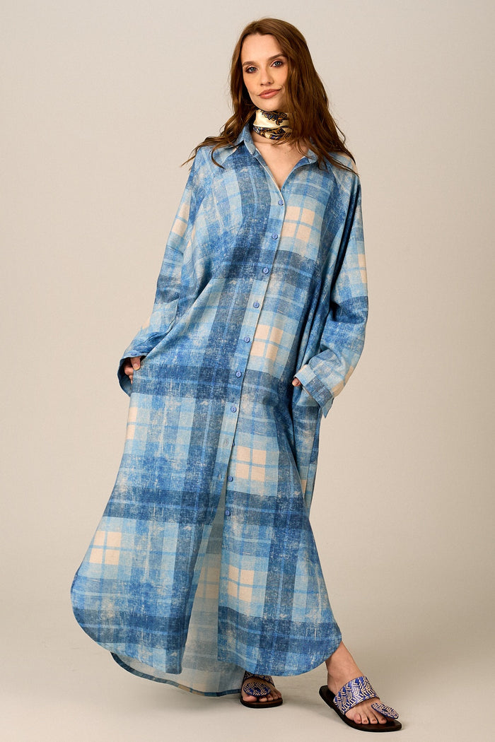 Yacamim M10 Blue Plaid Cotton Long Shirt
