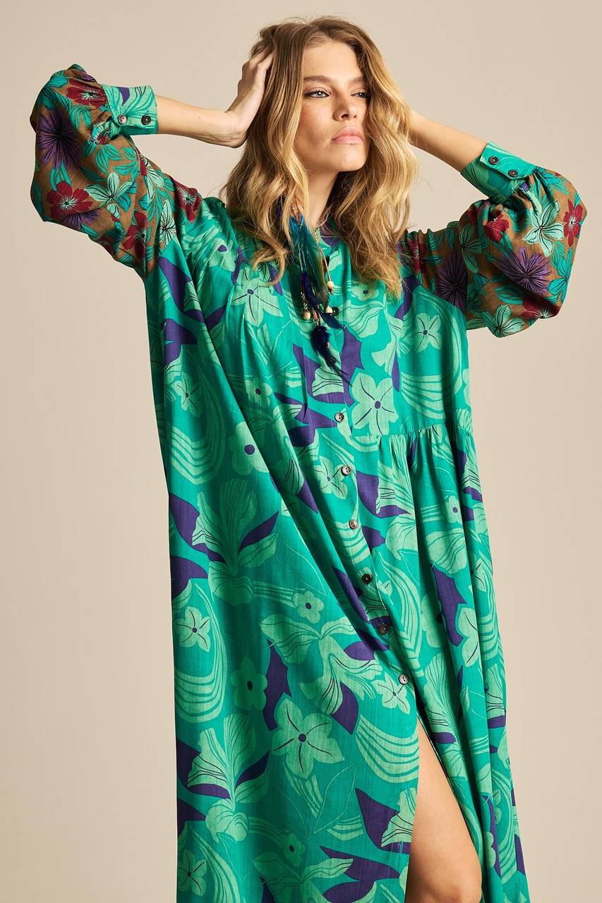 Long Patchwork Yacamim Green P4 Puff-Sleeve Shirt