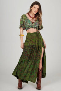Yacamim A38 Green Patchwork Wrap Long Skirt