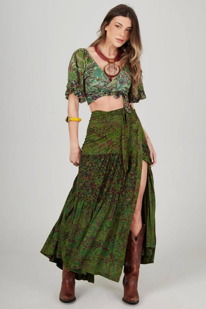 Yacamim A38 Green Patchwork Wrap Long Skirt