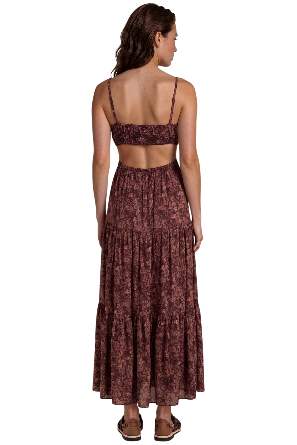 Vestido Longo Costas Abertas Marrom Escuro Estampado Yacamim D2