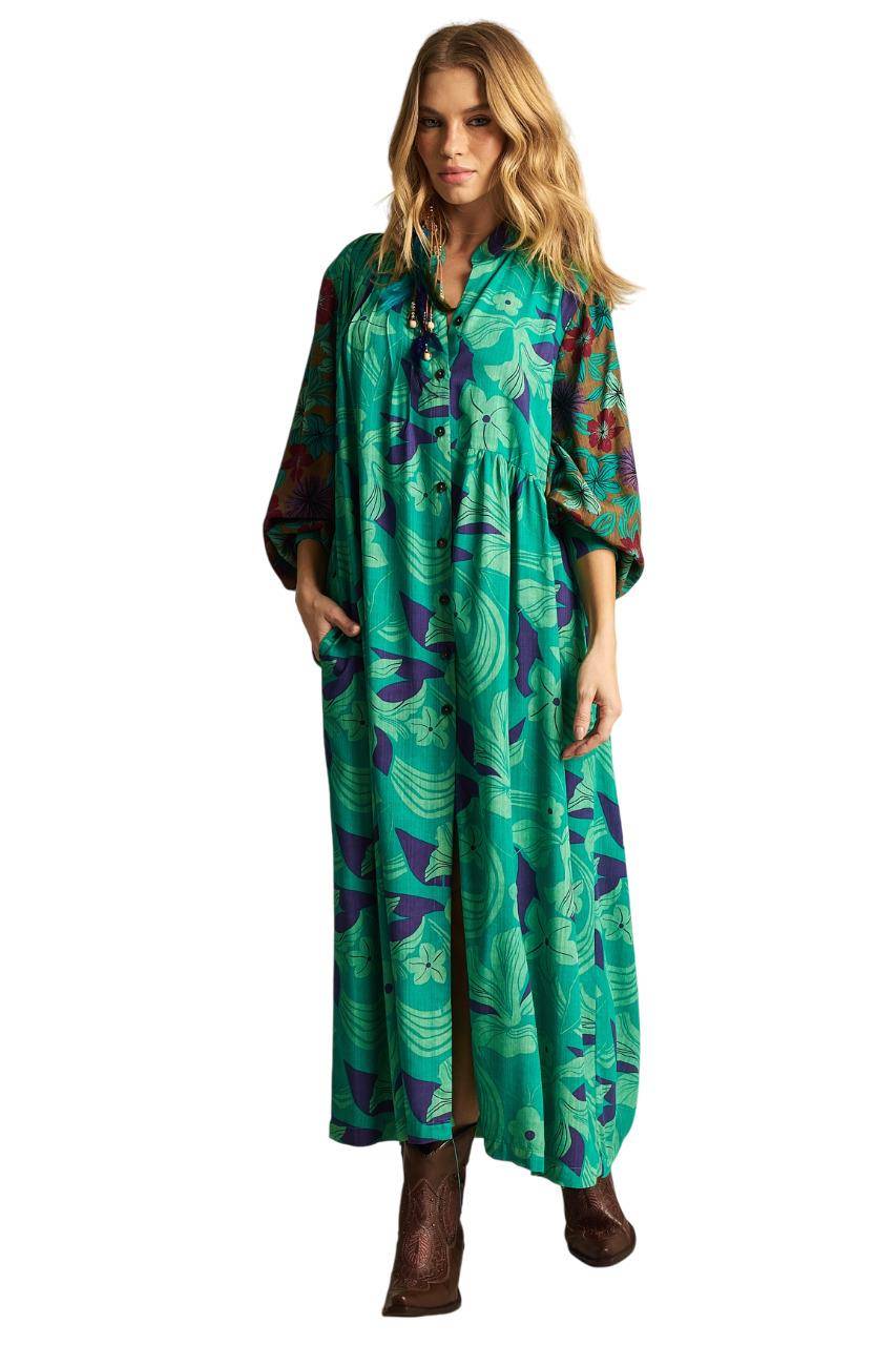 Long Patchwork Yacamim Green P4 Puff-Sleeve Shirt