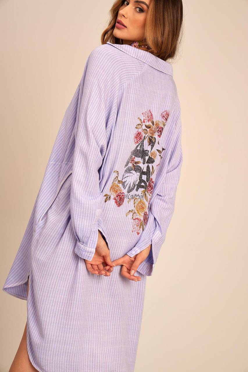 Yacamim Lilac Striped Oversized Shirt with Back Print
