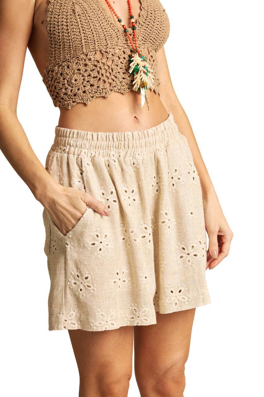 Yacamim A12 Beige Broderie Linen Shorts