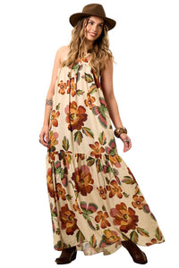 Yacamim Printed Beige V-Neck Wide-Strap Long Dress