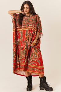 Kaftan Amplo Midi Vermelho Estampa paisley Yacamim J8