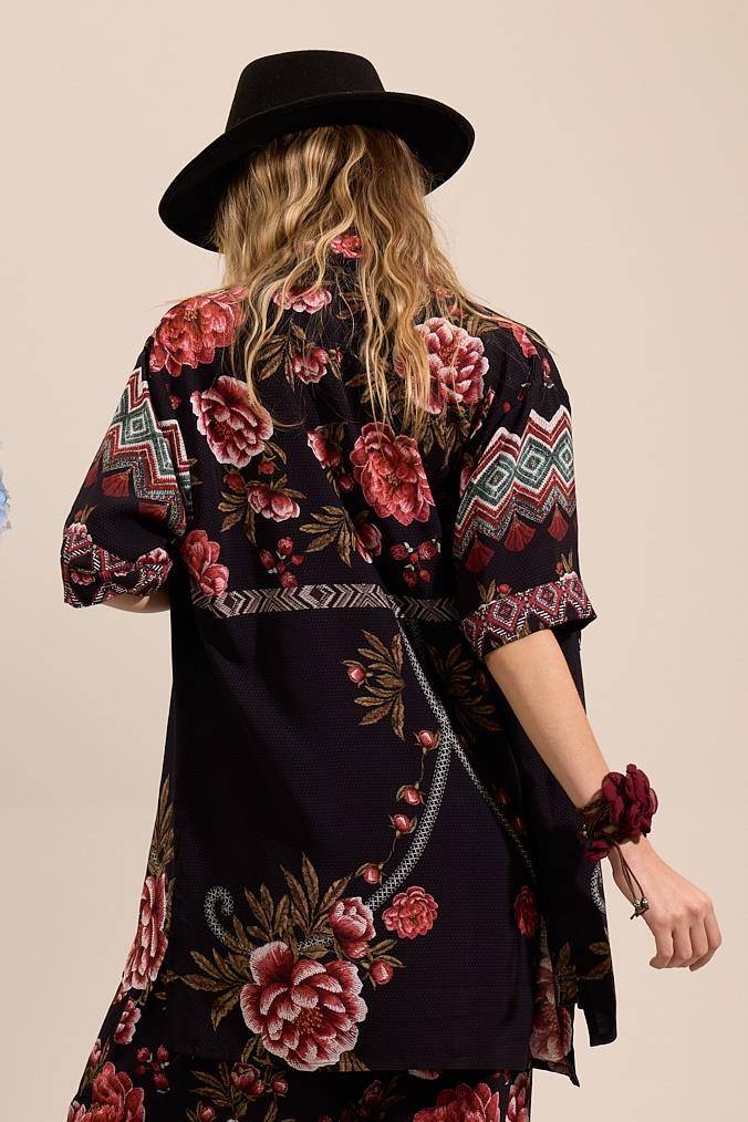 Yacamim A3 Black Printed Loose Short Sleeve Shirt