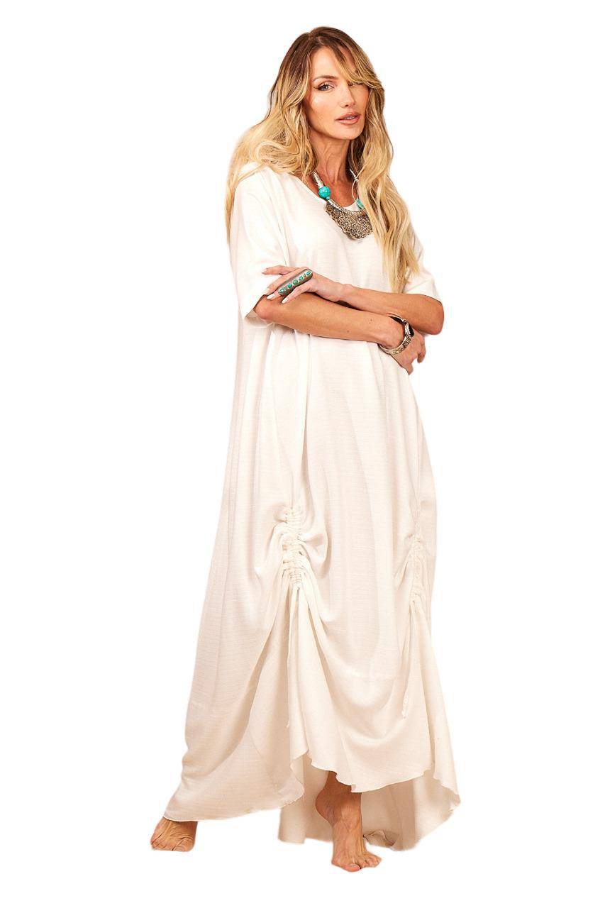 Yacamim Off-White Long Dress with Short Sleeves