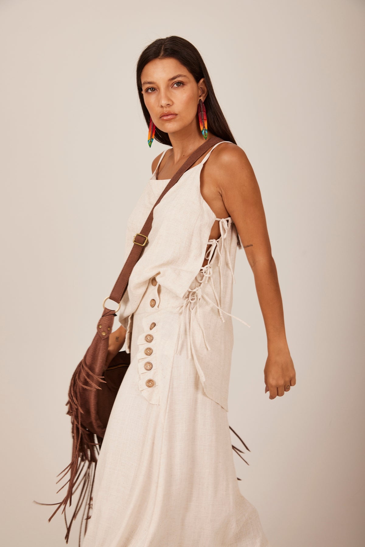 Long Linen Skirt with Buttons Beige Yacamim A19 Plain