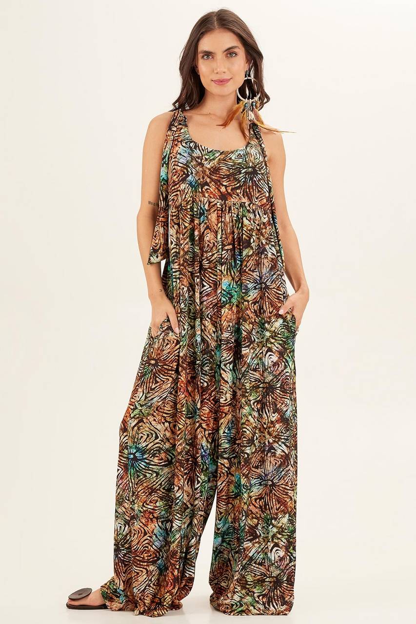Yacamim Digital Print Batik Sarouel Jumpsuit with Eyelets on Straps