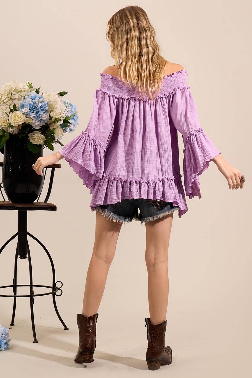 Yacamim Lilac Gypsy Blouse with Smocked Shoulders