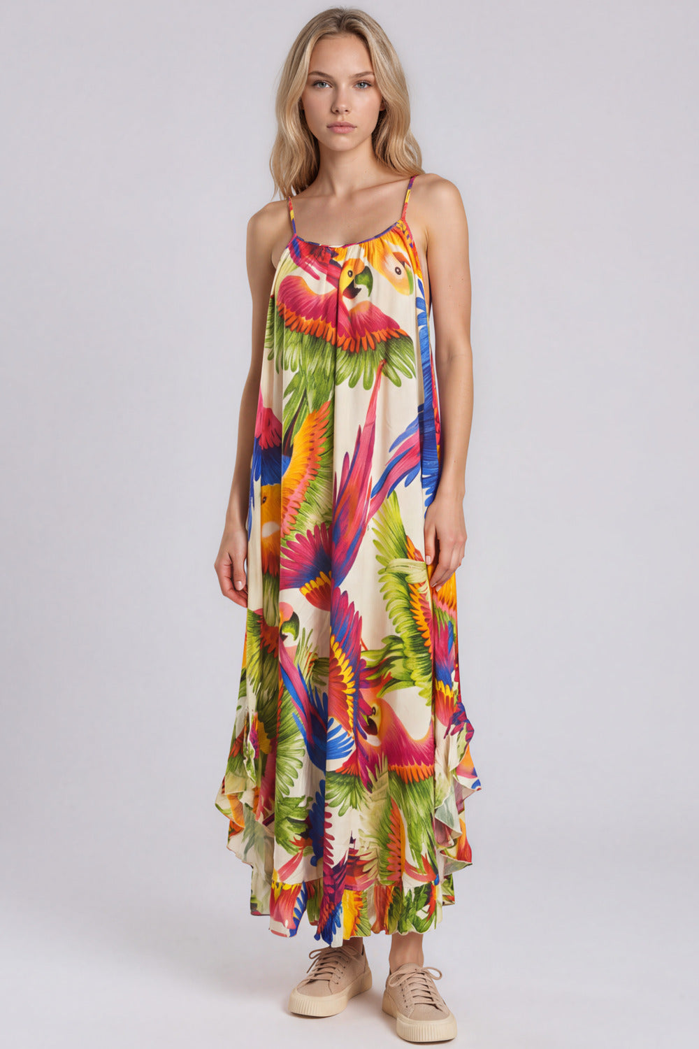 Vestido Midi Com Alças Reguláveis Bege Estampado Yacamim D30