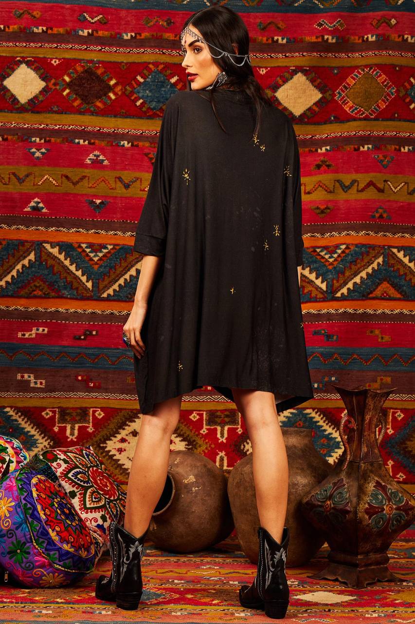 Yacamim Black Straight-Cut Tunic with Exclusive Peace and Love Print