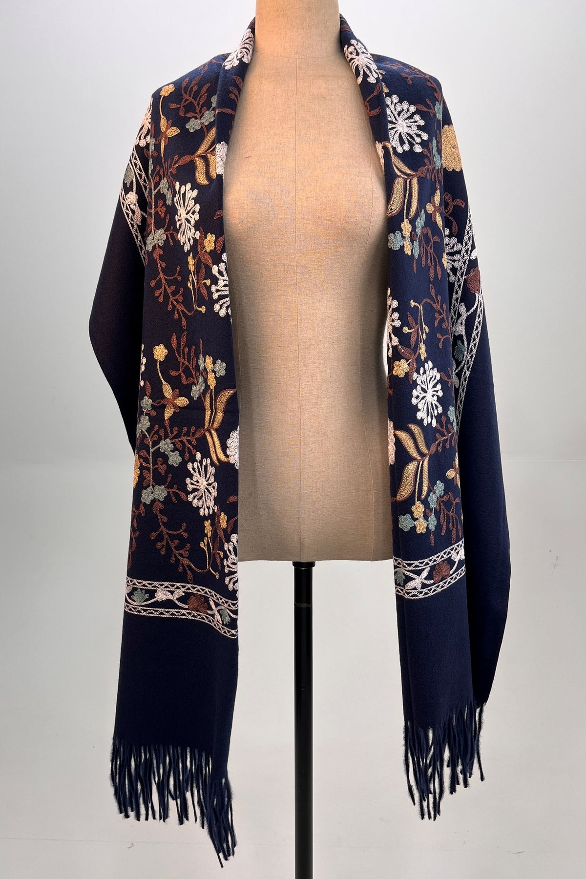 Navy Blue Embroidered Cashmere Scarf Yacamim #318