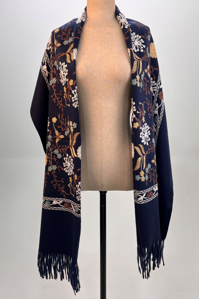 Navy Blue Embroidered Cashmere Scarf Yacamim #318