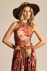 Brown Printed Yacamim I2 Cropped Scarf Top with Back Tie