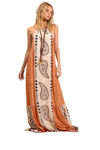 Yacamim Orange Paisley Print Halterneck Maxi Dress