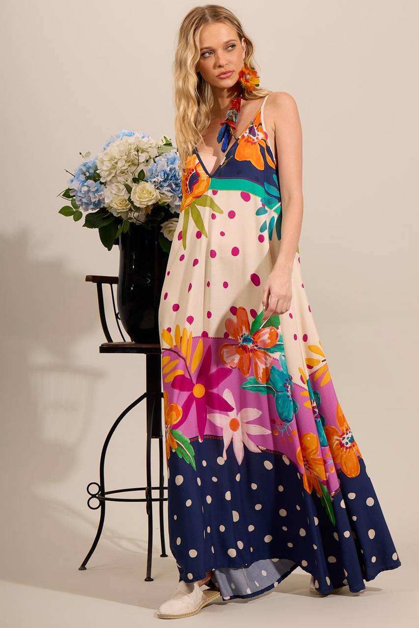 Women's Long Dress with Adjustable Straps, Blue Polka Dot Print, Yacamim C23