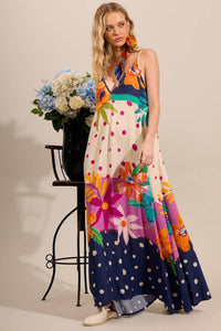 Women's Long Dress with Adjustable Straps, Blue Polka Dot Print, Yacamim C23