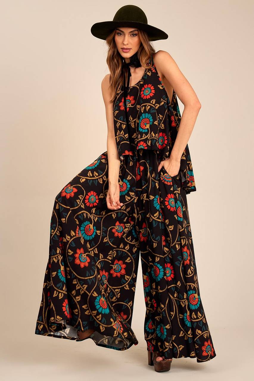 Yacamim Flared Pant Trousers in Black Print<br />