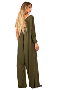 Yacamim Dark Green One-Shoulder Wide-Leg Jumpsuit with Pockets