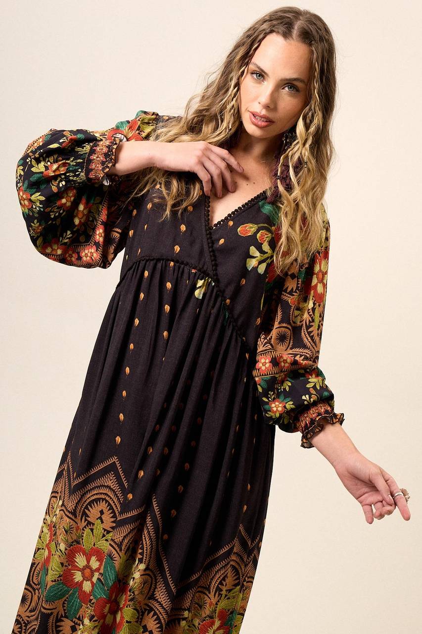 Yacamim Printed Black Flowy Long Dress with Puffy Long Sleeves