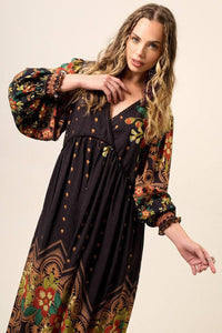 Yacamim Printed Black Flowy Long Dress with Puffy Long Sleeves