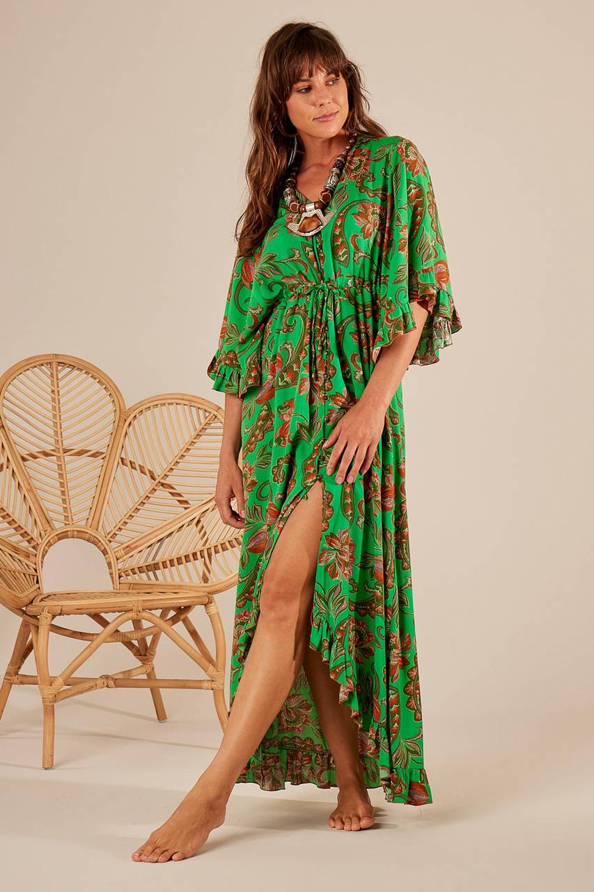 Mullet Dress With Wide 3/4 Sleeves Printed Green Yacamim