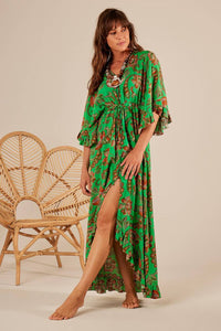 Mullet Dress With Wide 3/4 Sleeves Printed Green Yacamim